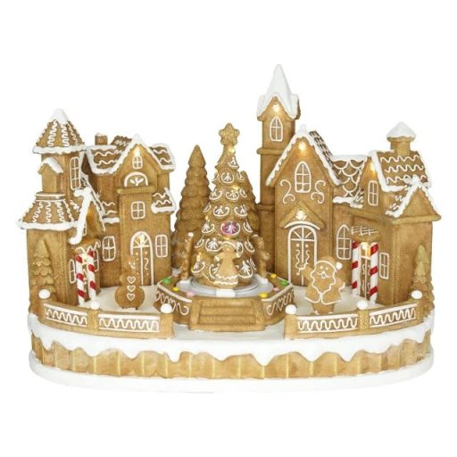 Dioráma mézeskalács város fenyővel, mozgó figurákkal, LED-es (31,5 × 20,3 × 22,5 cm)