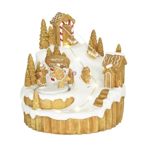 Dioráma mézeskalács sípálya mozgó figurákkal, LED-es (15,5 × 16 × 16,7 cm)