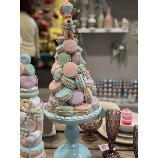 Karácsonyi Macaron tál dekor szarvassal és hóemberrel, glitteres (24 × 24 × 60 cm)