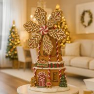   Mézeskalács szélmalom glitteres, LED-es poly 30x23x50 cm barna, fehér