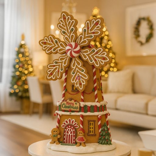 Mézeskalács szélmalom glitteres, LED-es poly 30x23x50 cm barna, fehér