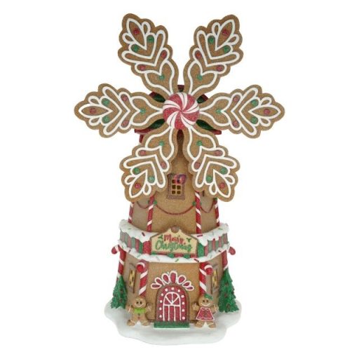 Mézeskalács szélmalom glitteres, LED-es poly 30x23x50 cm barna, fehér