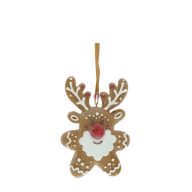   Mézeskalács szarvas glitteres, akasztós poly 8,5x2,5x12 cm barna, fehér