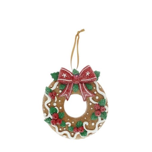 Mézeskalács koszorú glitteres, akasztós poly 10,5x3x11 cm barna, piros