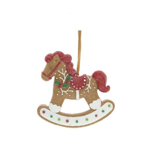 Mézeskalács hintaló, glitteres akasztós poly 11x2,5x11 cm barna, fehér