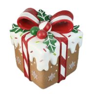   Mézeskalács ajándékdoboz, glitteres LED-es poly 21x21x26 cm barna, fehér