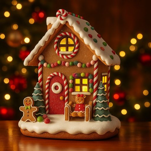 Mézeskalács ház glitteres, LED-es (20 × 16,5 × 24,5 cm)