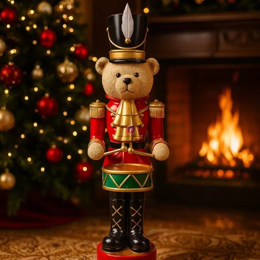 Diótörő maci dobbal poly 30x27x92 cm barna, piros