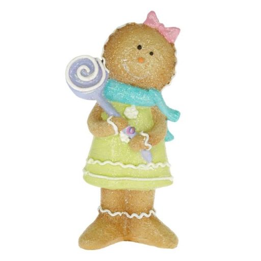 Mézeskalács figura nyalókával, glitteres poly 10x5,8x19,7 cm barna, zöld