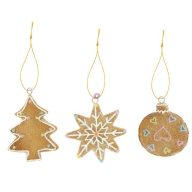   Mézeskalács fenyő, csillag, gömb, glitteres, akasztós poly 7x1,5x8,5 cm barna, fehér 3 féle