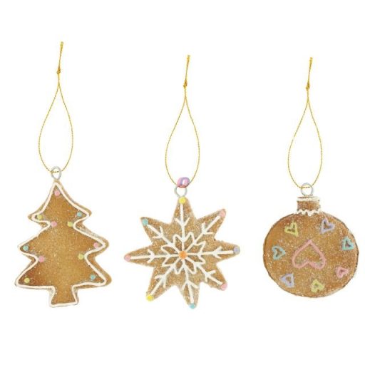 Mézeskalács fenyő, csillag, gömb, glitteres, akasztós poly 7x1,5x8,5 cm barna, fehér 3 féle