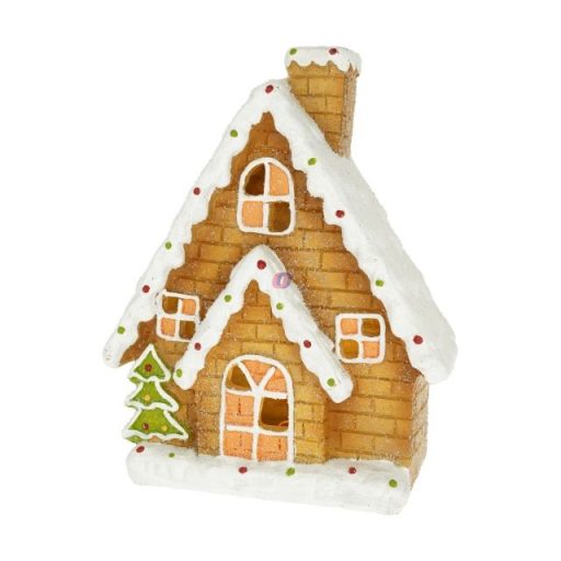 Mézeskalács ház LED-es poly 19,5x11x23 cm barna, fehér