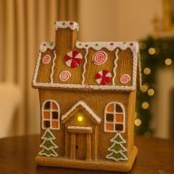 Mézeskalács ház LED-es poly 16,5x11x23 cm barna, fehér