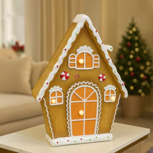 Mézeskalács ház LED-es magnézia 34x15x41 cm barna, fehér