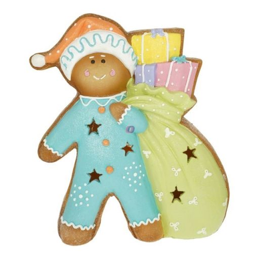 Mézeskalács figura ajándékokkal LED-es, glitteres magnézia 32,8x10,3x38 cm kék, zöld