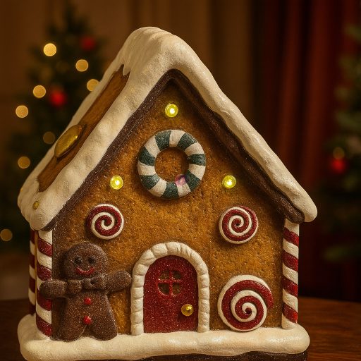 Mézeskalács ház LED-es magnézia 37x26x40,5 cm barna, fehér