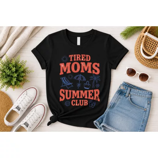 Női póló "Tired Moms Summer club" nyári mintás - többféle színben, felnőtt méretekben