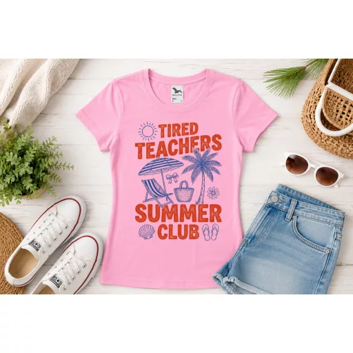 Tanár póló "Tired Teacher Summer club" nyári mintás - többféle színben, férfi és női méretekben