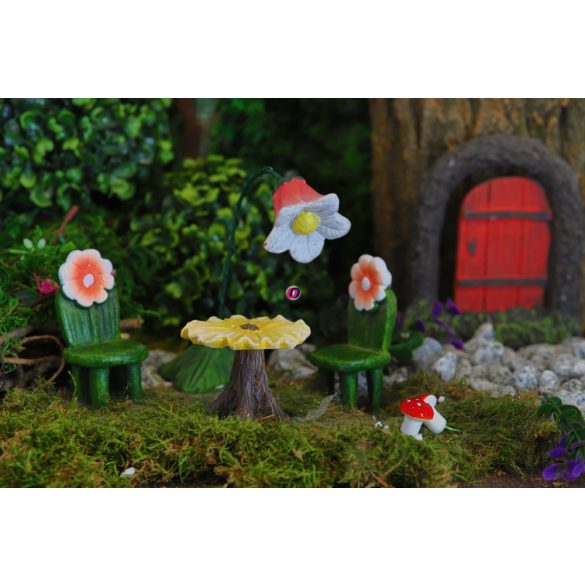Tündérkert bútor szett virágos 4 db-os poly Deconline Fairy Garden