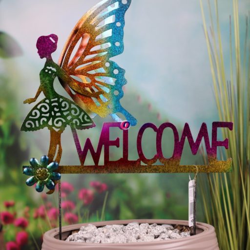 Kerti leszúrható tündér welcome táblával lila 40 cm