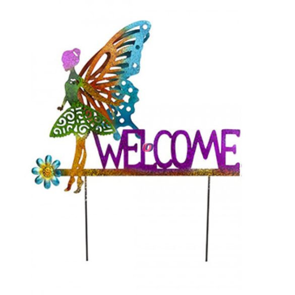 Kerti leszúrható tündér welcome táblával lila 40 cm