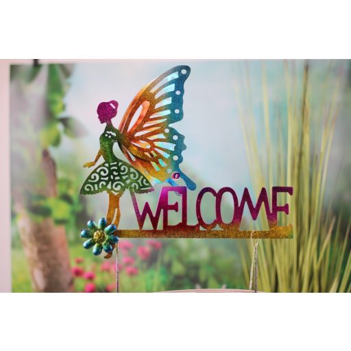 Kerti leszúrható tündér welcome táblával lila 40 cm