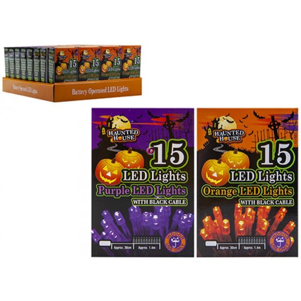 Halloween fényfüzér elemes 15 LED narancs/lila választható