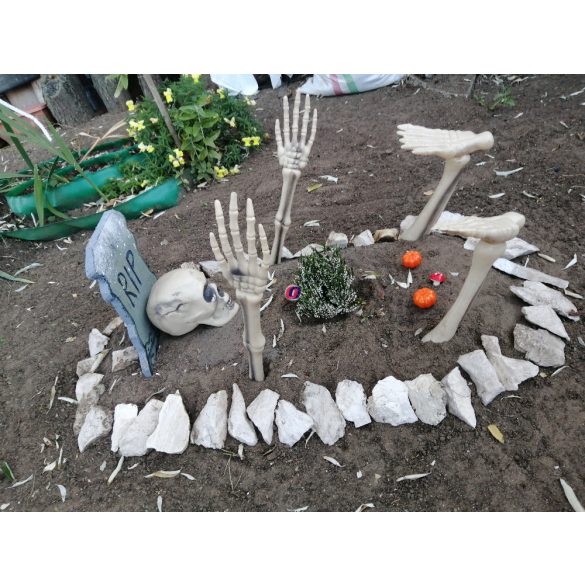 XL Halloweeni kerti leszúrható csontváz koponya kéz, láb 5 db-os szett