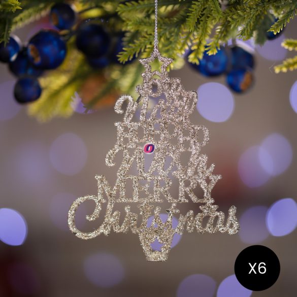 Akasztós Merry chrismas felirat pezsgő karácsonyfa 6 db-os szett