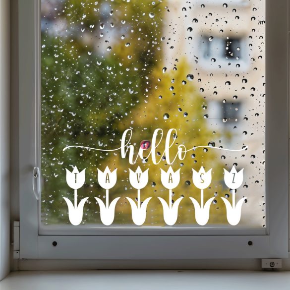 XL Exkluzív tavaszi ablakmatrica Tulipános, hello tavasz felirattal 50x25 cm