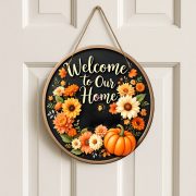   Őszi fa ajtódísz "Welcome" 30 cm, fa, akasztható