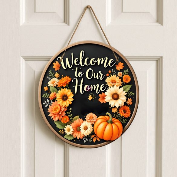 Őszi fa ajtódísz "Welcome" 30 cm, fa, akasztható