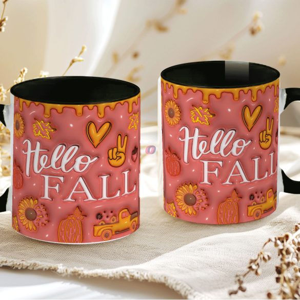 Őszi mintás bögre 3D pufi hatású "Hello Fall" fekete