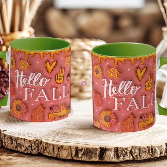 Őszi mintás bögre 3D pufi hatású "Hello Fall" zöld