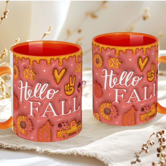 Őszi mintás bögre 3D pufi hatású "Hello Fall" Narancs
