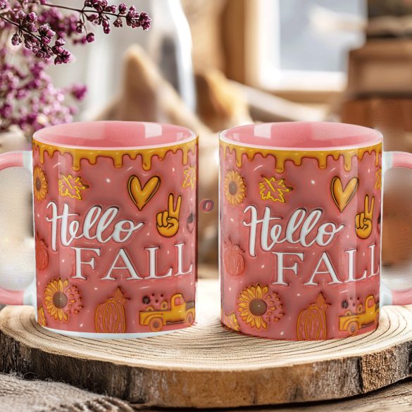 Őszi mintás bögre 3D pufi hatású "Hello Fall" rózsaszín
