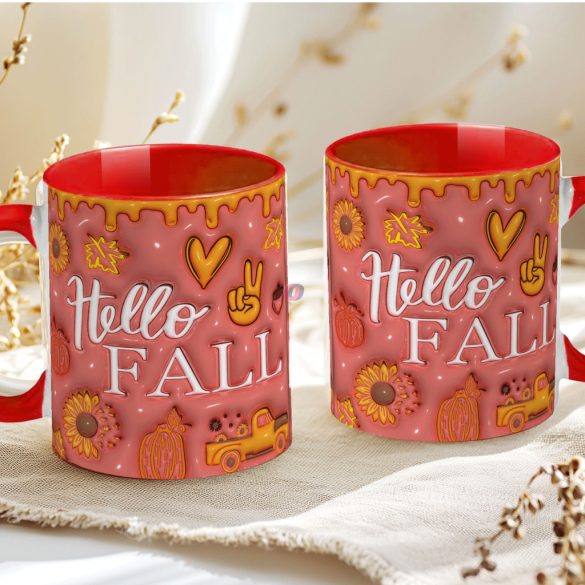 Őszi mintás bögre 3D pufi hatású "Hello Fall" red