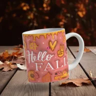   Őszi mintás bögre 3D pufi hatású "Hello Fall" kerámia