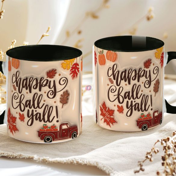 Őszi mintás bögre 3D pufi hatású "Hello Fall Y'all" fekete