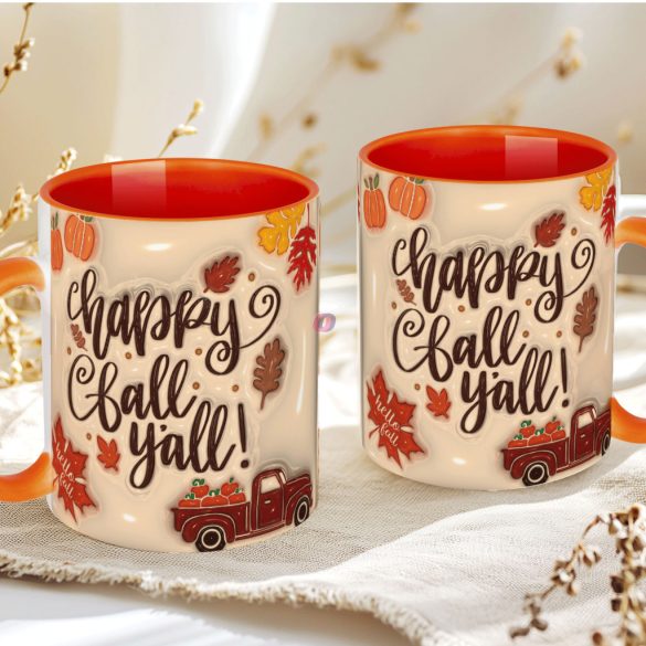 Őszi mintás bögre 3D pufi hatású "Hello Fall Y'all" Narancs