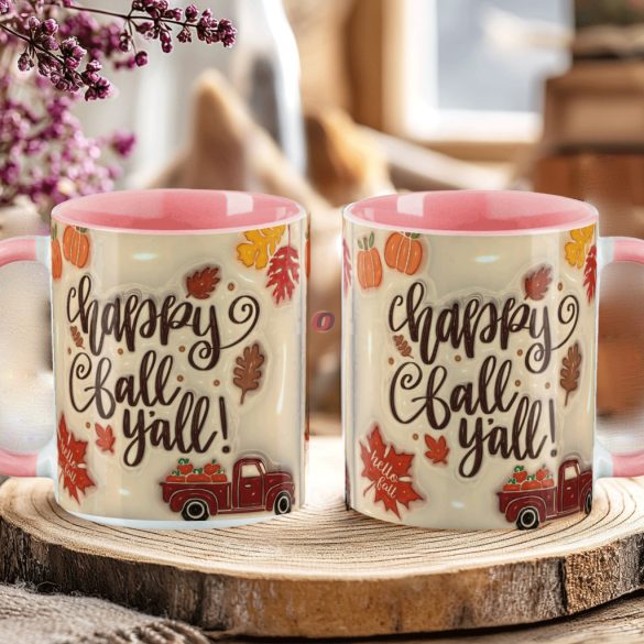 Őszi mintás bögre 3D pufi hatású "Hello Fall Y'all" rózsaszín