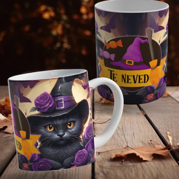 Egyedi neves halloweeni bögre "Witch Kitten"