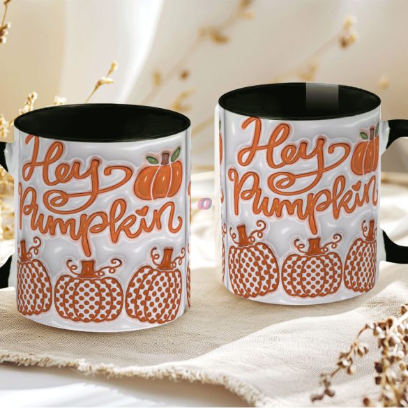 Őszi mintás bögre 3D pufi hatású "Hey Pumpkin" fekete
