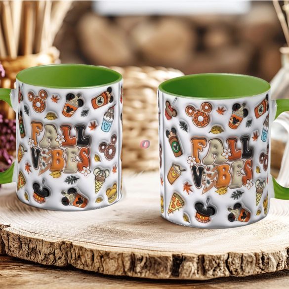 Őszi mintás bögre 3d Pufi hatású "Fall Vibes" zöld
