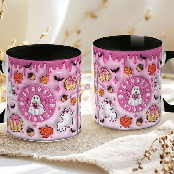 Őszi mintás bögre 3D pufi hatású "Spooky vibes" fekete