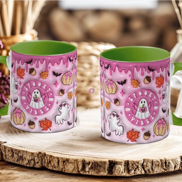 Őszi mintás bögre 3D pufi hatású "Spooky vibes" zöld