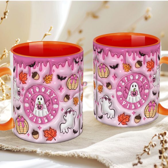 Őszi mintás bögre 3D pufi hatású "Spooky vibes" Narancs