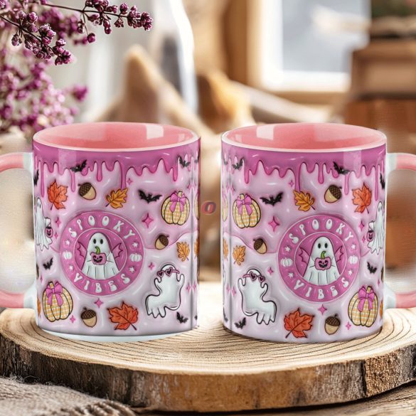Őszi mintás bögre 3D pufi hatású "Spooky vibes" rózsaszín