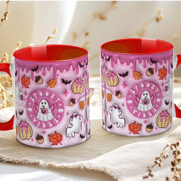 Őszi mintás bögre 3D pufi hatású "Spooky vibes" red