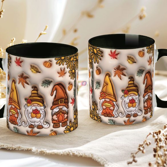 Őszi mintás bögre 3D pufi hatású "Gnomes" fekete